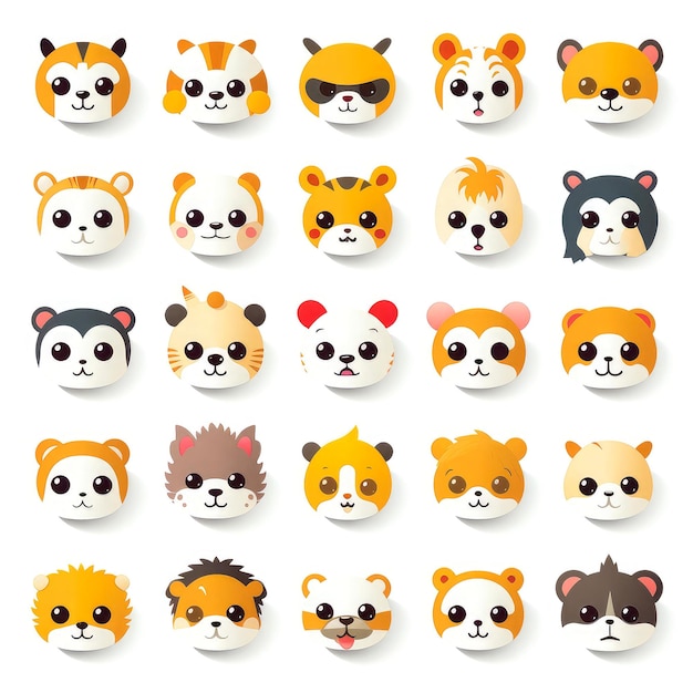 Satz von Tiergesichtern, Gesichtsemojis, Aufkleber, Emoticons, Cartoon lustige Maskottchen, Gesichtssatz, Generative KI-Illustration