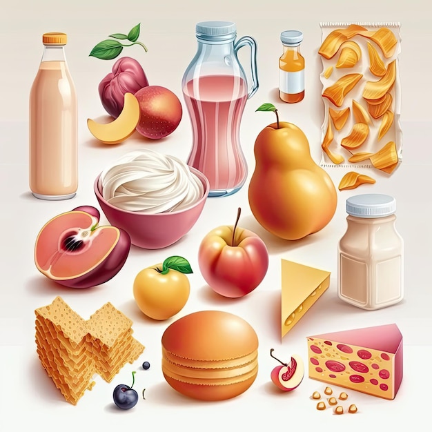 Satz von verschiedenen Produkten isoliert auf weißem Hintergrund Mahlzeiten und Früchte Generative KI