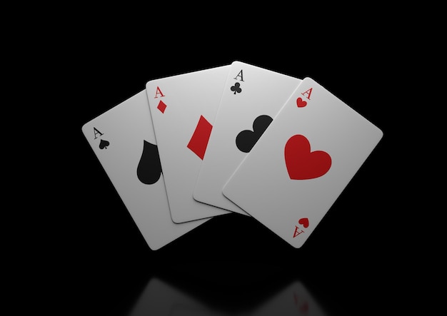 Satz von vier Ass-Spielkarten fliegen oder fallen auf schwarzem Hintergrund Gewinnende Pokerhand 3D-Rendering