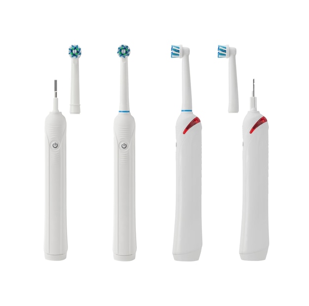 Satz von Vorder- und Seitenansichten der elektrischen Zahnbürste mit Zahnbürsten isoliert auf Weiß