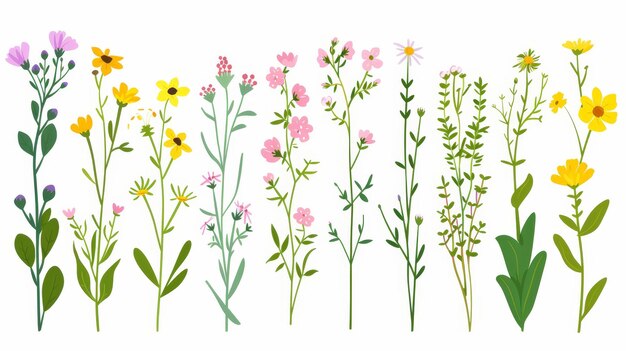 Satz von zarten Blumen und Stängeln Feldkräuter Frühling Wiese Blütenzweige einfache Blüten Botanisches Design auf weißem Hintergrund flache moderne Illustration