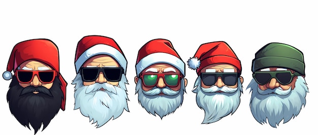 Satz Weihnachtsmann-Gesichter mit Brille, KI-generiert