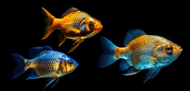 Satz wunderschöner goldener Fische, isoliert auf schwarzem Hintergrund. Sammlung von Meeresbewohnern. Meereslebewesen. Unterwasserlebewesen. Unterwasserwelt. Realistischer Fisch. Generative KI