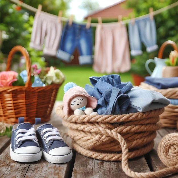 saubere Kleidung hängt am Seil im Freien am Waschtag