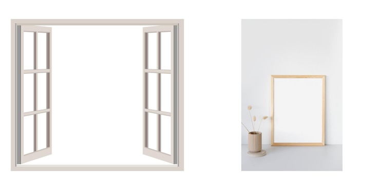 Saubere quadratische Fenster aus Holz 3 Winkel Frontansicht 3D-Illustration