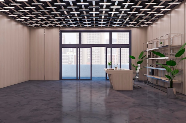 Sauberer Büroraum mit Holz- und Marmorboden und Panorama-Glastür mit Möbeln