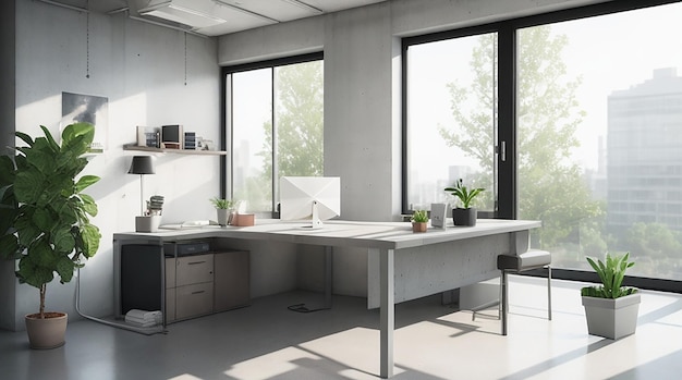 Sauberer Innenraum des Coworking-Büros aus Beton mit Fenstern, Ausstattung, Möbeln und anderen Gegenständen