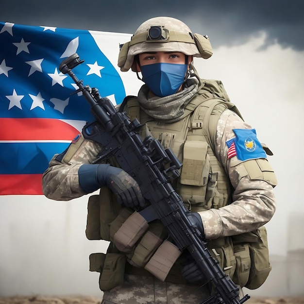 Sauberer Soldat hält ein Maschinengewehr mit Nationalflagge Konzept Einfache Skizzen