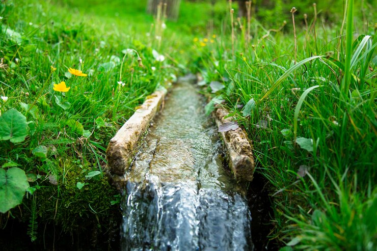 sauberer wasserstrom fließt in der nähe des grases