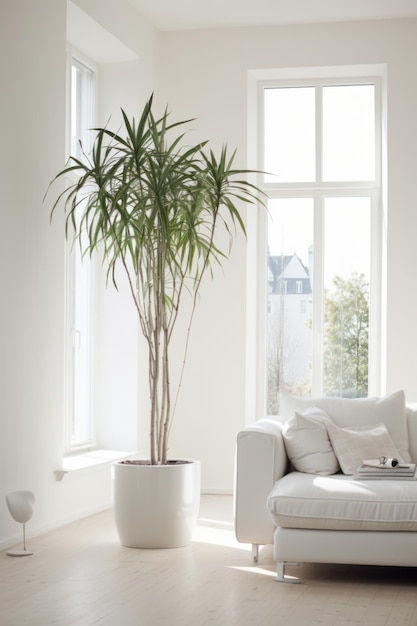 Sauberer weißer Raum mit einer hohen einfachen Pflanze in einer Ecke für die Tiefe KI-generierte Illustration