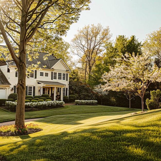 Foto sauberes außenhaus mit üppigem grünem gras, blühenden gartenbäumen und blühenden sträuchern im frühling