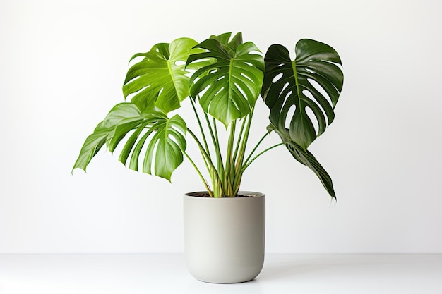 Sauberes Bild einer großen Blatthauspflanze Monstera deliciosa in einem grauen Topf auf weißem Hintergrund