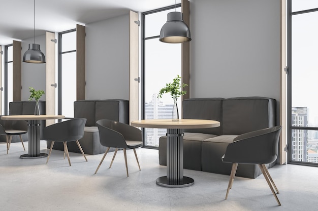 Sauberes Café-Interieur aus Beton mit Möbeln und hellem Blick auf die Stadt Speisen Sie im Konzept 3D-Rendering