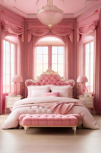 Sauberes großes, luxuriöses Schlafzimmer mit rosa Ästhetik