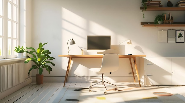 Sauberes, helles und leeres Home-Office-Interieur organisiert mit einem Computer und einem Schreibtisch in Generative AI