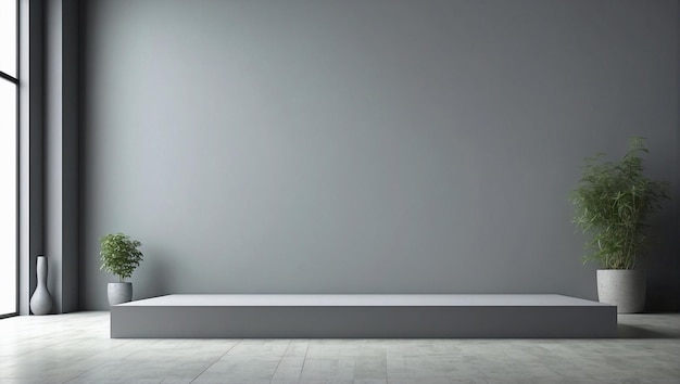 Sauberes, leeres Zimmer aus Zement mit grauen Podiumsdeckenlampen und Topfpflanzen Moderne minimalistisch