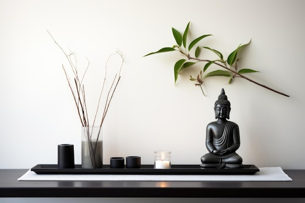 Sauberes, minimalistisches Arrangement auf einem Zen-Altar