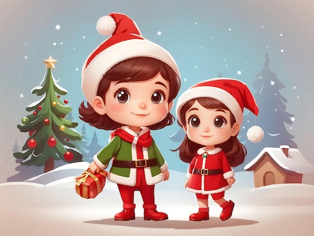Sauberes süßes Mädchen und Junge in Weihnachtskostüm-Cartoon-Figur Bruder und Schwester