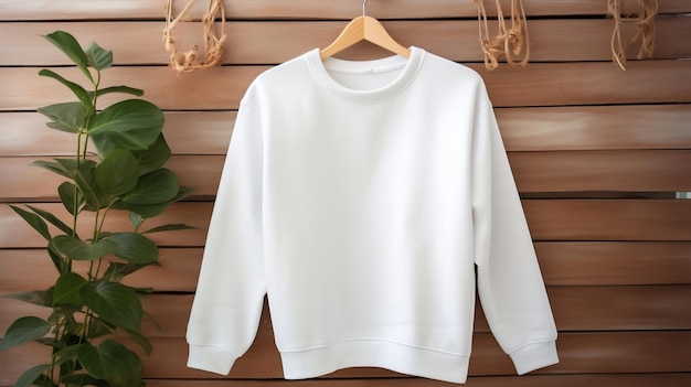 Sauberes weißes Gildan 1800-Pullover-Modell auf Kleiderbügel