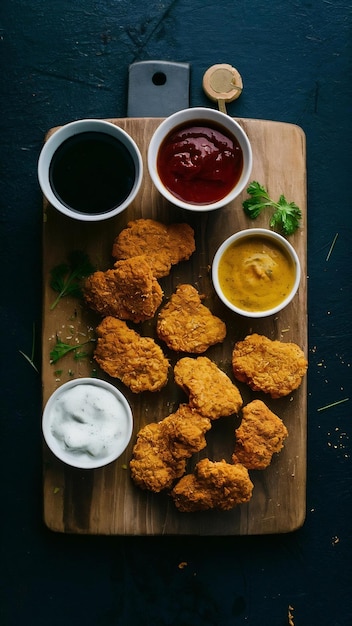 Sauces perto da tábua de cortar com nuggets