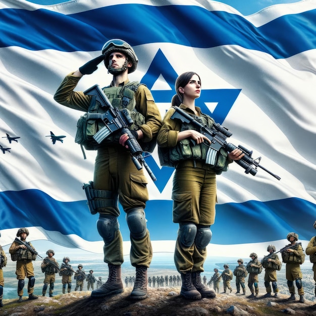Saudação aos proeminentes soldados israelenses de serviço no topo de uma colina com a bandeira nacional