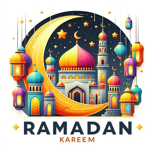 Saudação colorida do Ramadan na Mesquita Islâmica Lua e Lanternas penduradas com o Ramadan Kareem Tipografia