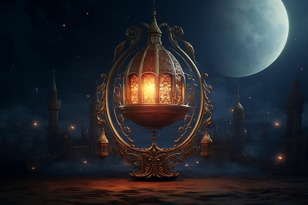 Saudação de Eid Mubarak com crescente dourado e lanterna