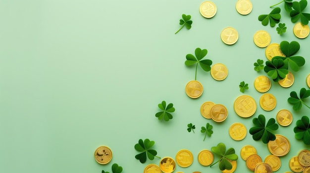 Saudação de feriado irlandês Shamrocks moedas de ouro em fundo verde espaço de cópia