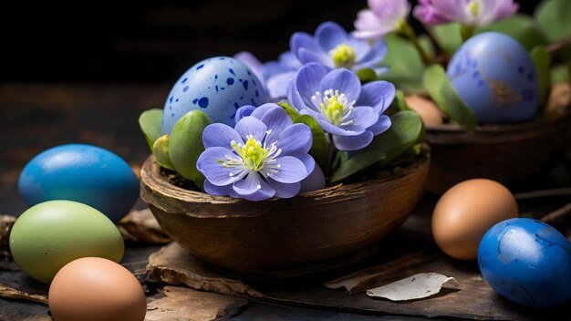 Saudação de Páscoa com ovos e flores coloridas