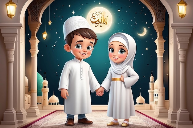 Saudações de Eid Mubarak Cute menino e menina Ilustração vetorial