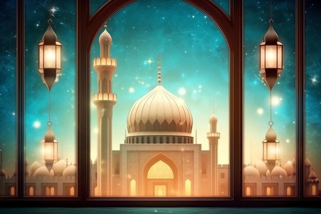 Foto saudações de eid mubarak e ramadan kareem com lanterna islâmica e mesquita eid al fitr de fundo