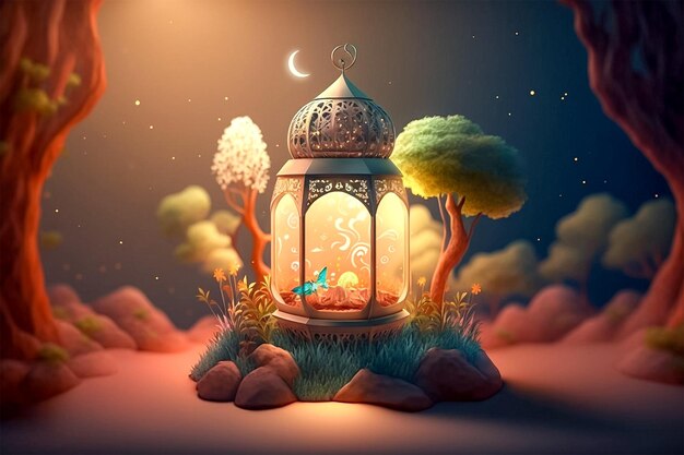 Foto saudações de lanterna islâmica eid al adha mubarak mídia social post 3d cartoon estilo generativo ai