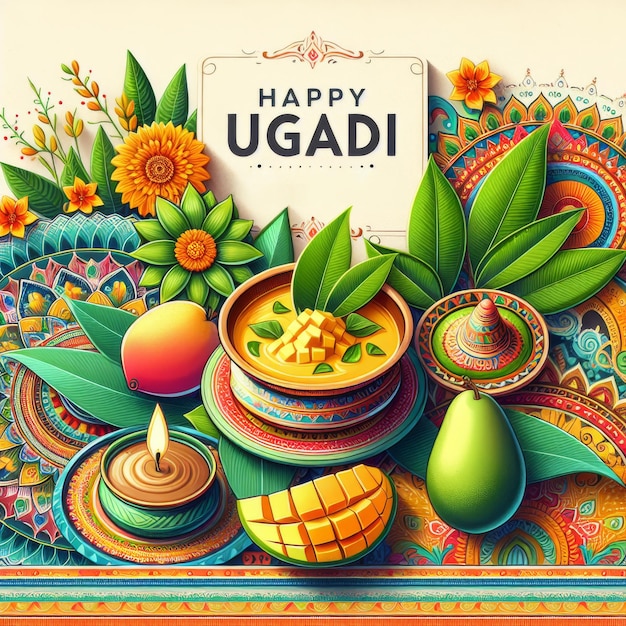 Saudações do Festival de Ugadi Ornamentam vasos e folhas de manga Ilustração cultural vibrante