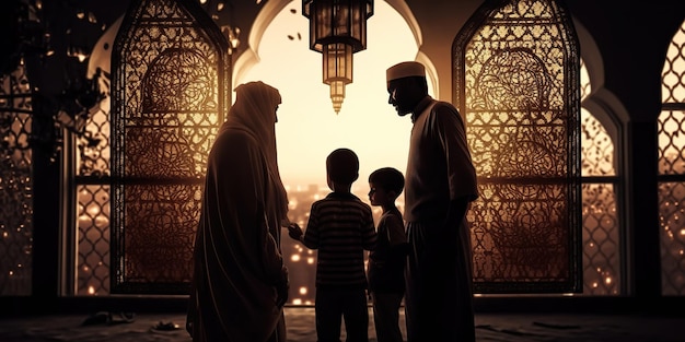 Saudações do Ramadã Kareem e união familiar Uma fotografia comovente de uma família vendo uma mesquita