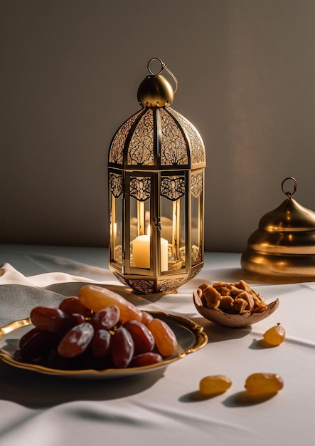 Saudações islâmicas Eid Mubarak ou design de cartão Happy Eid com linda lanterna de ouro e frutas de tâmaras