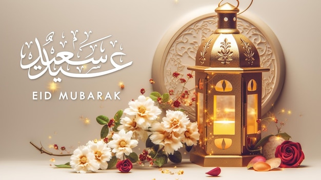 Saudações islâmicas Eid Mubarak ou design de cartão Happy Eid com velas de lanterna dourada, flores e datas