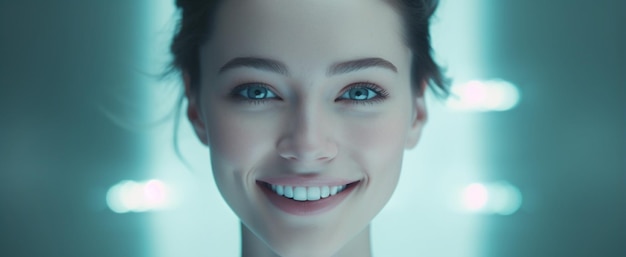 saúde bucal, beleza, higiene e conceito de pessoas close-up de uma mulher sorridente com fundo azul