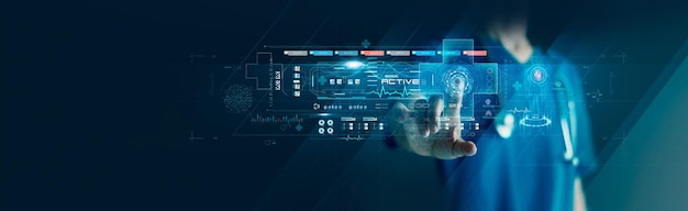 Foto saúde e medicina. o cirurgião diagnostica os resultados da verificação do paciente na interface virtual