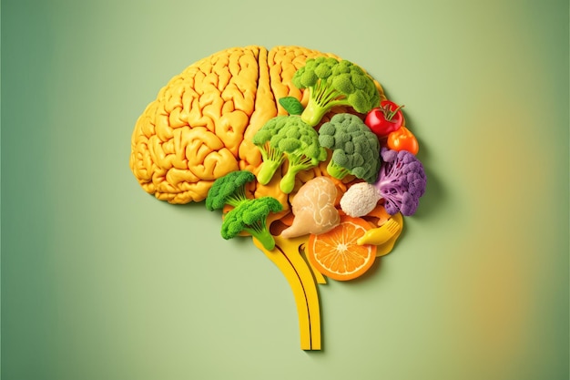 Saúde em seu cérebro Legumes frescos no cérebro humano simbolizando nutrição saudável em um fundo colorido IA generativa