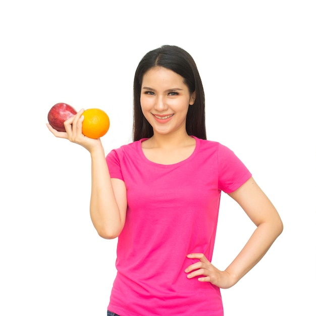 Saúde menina mostrar maçã vermelha e laranja