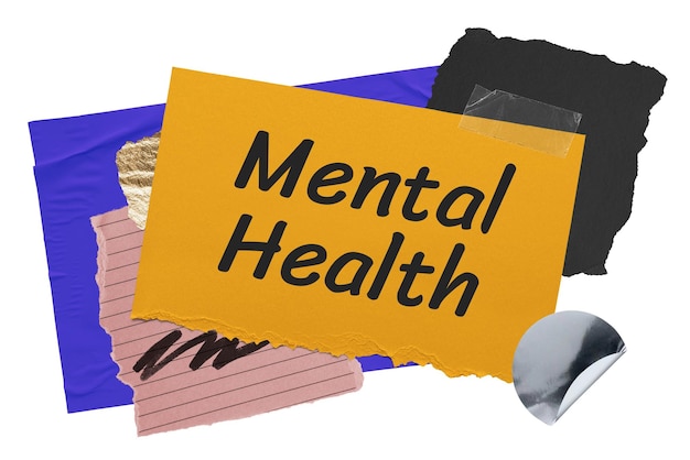 Saúde mental adesivo de palavra png tipografia colagem de papel estético fundo transparente