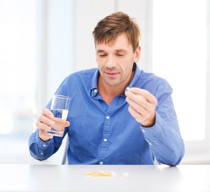 Foto saúde, saúde, medicina, medicação, drogas, conceito - homem doente tomando seus comprimidos em casa