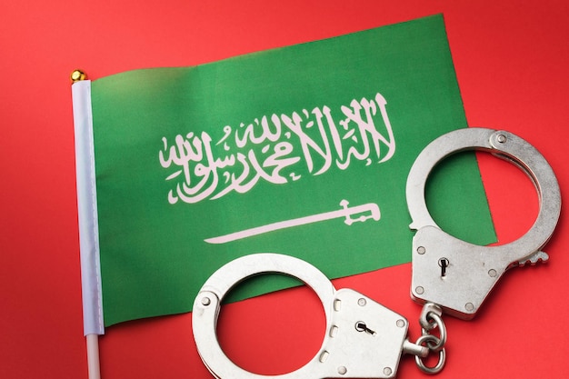 Saudi-Arabien-Flagge und Handschellen auf rotem Hintergrund, Konzept der Landeskriminalität