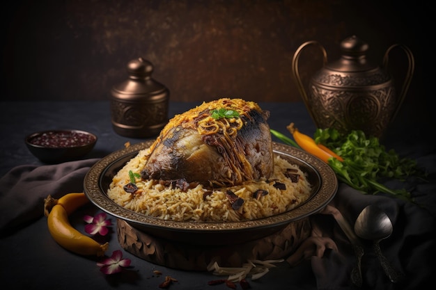 Saudi-Arabisches Gericht Chicken Kabsa mit Reis Mandi Illustration AI GenerativexA