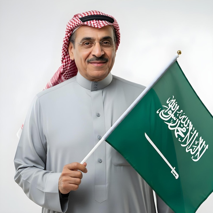 Saudi Shekh anciano sosteniendo la bandera de Arabia Saudita con una sonrisa