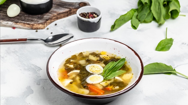 Sauerampfersuppe mit Ei in der Schüssel Traditionelle lettische Suppe Skabenu zupa Lebensmittelrezepthintergrund Nahaufnahme von oben