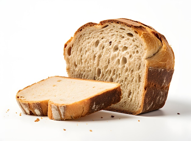 Sauerteigbrot mit knuspriger Kruste auf Holzregal Backwaren Traditionelles Brot Schneiden Sie einen Laib