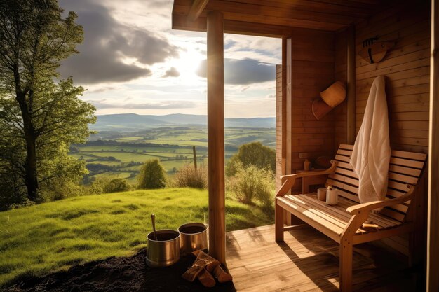 Sauna ao ar livre com uma vista pitoresca do campo