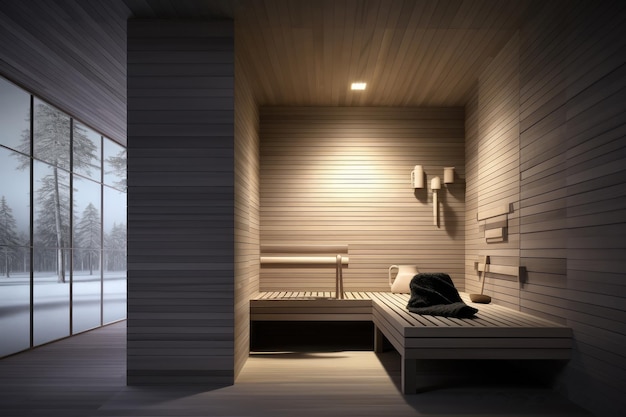 Sauna escandinava minimalista con diseño nórdico elegante y simplicidad