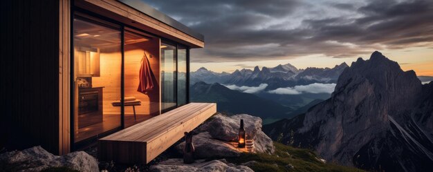 Sauna finlandesa en la cima de la montaña en los Dolomitas Alpes italianos Generative ai